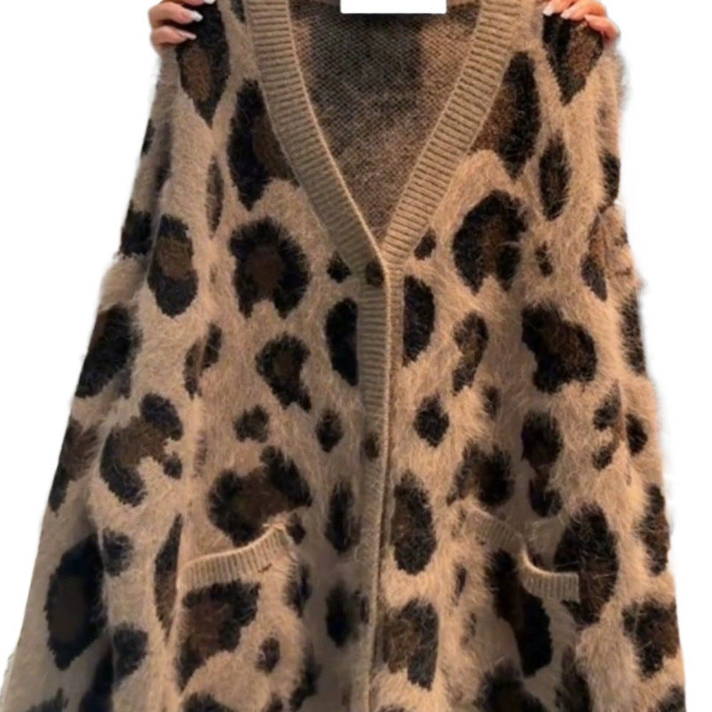Leopard Print Thick Warm Coat Loose Lazy Knitted Cardigan Sweater