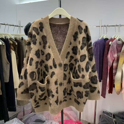 Leopard Print Thick Warm Coat Loose Lazy Knitted Cardigan Sweater