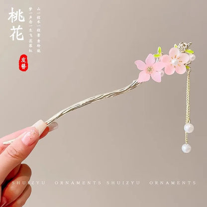Elegant Chinese Style Hair Accessory Romantic Enameled Flower Tassel