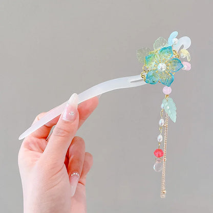 Elegant Chinese Style Hair Accessory Romantic Enameled Flower Tassel
