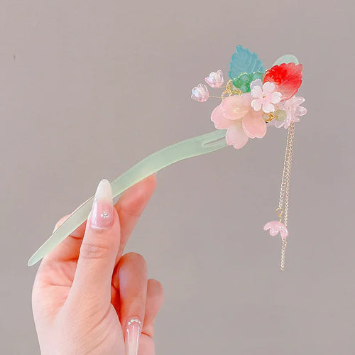 Elegant Chinese Style Hair Accessory Romantic Enameled Flower Tassel