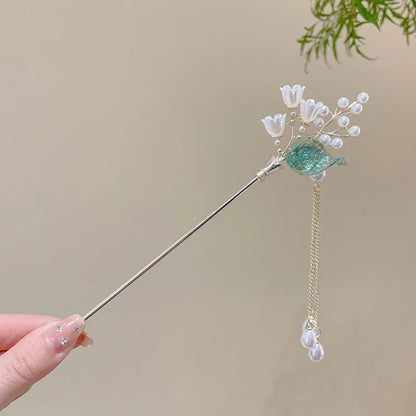 Elegant Chinese Style Hair Accessory Romantic Enameled Flower Tassel