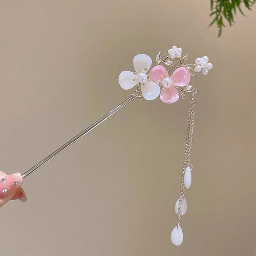 Elegant Chinese Style Hair Accessory Romantic Enameled Flower Tassel