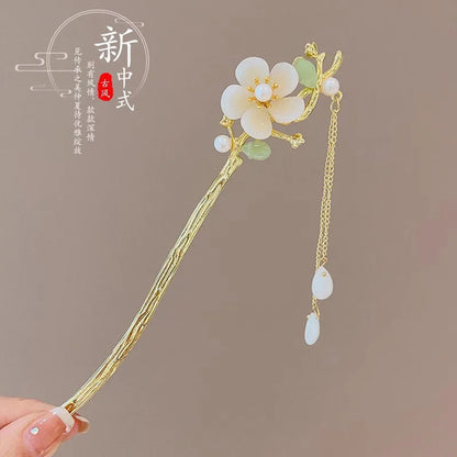 Elegant Chinese Style Hair Accessory Romantic Enameled Flower Tassel