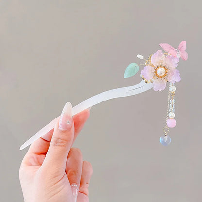 Elegant Chinese Style Hair Accessory Romantic Enameled Flower Tassel