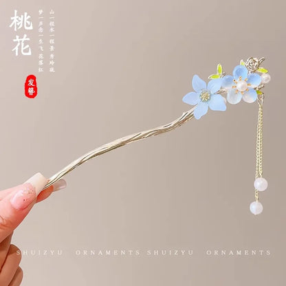 Elegant Chinese Style Hair Accessory Romantic Enameled Flower Tassel