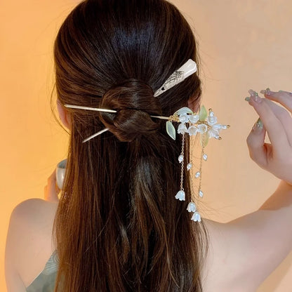 Elegant Chinese Style Hair Accessory Romantic Enameled Flower Tassel