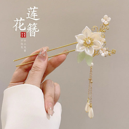 Elegant Chinese Style Hair Accessory Romantic Enameled Flower Tassel