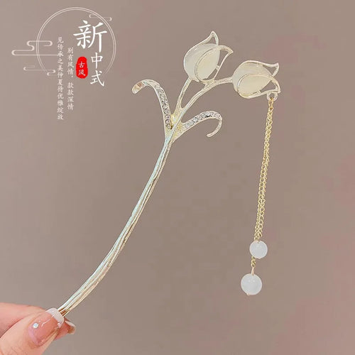 Elegant Chinese Style Hair Accessory Romantic Enameled Flower Tassel