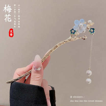 Elegant Chinese Style Hair Accessory Romantic Enameled Flower Tassel
