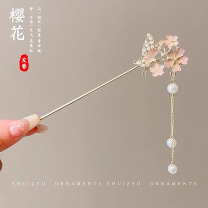 Elegant Chinese Style Hair Accessory Romantic Enameled Flower Tassel