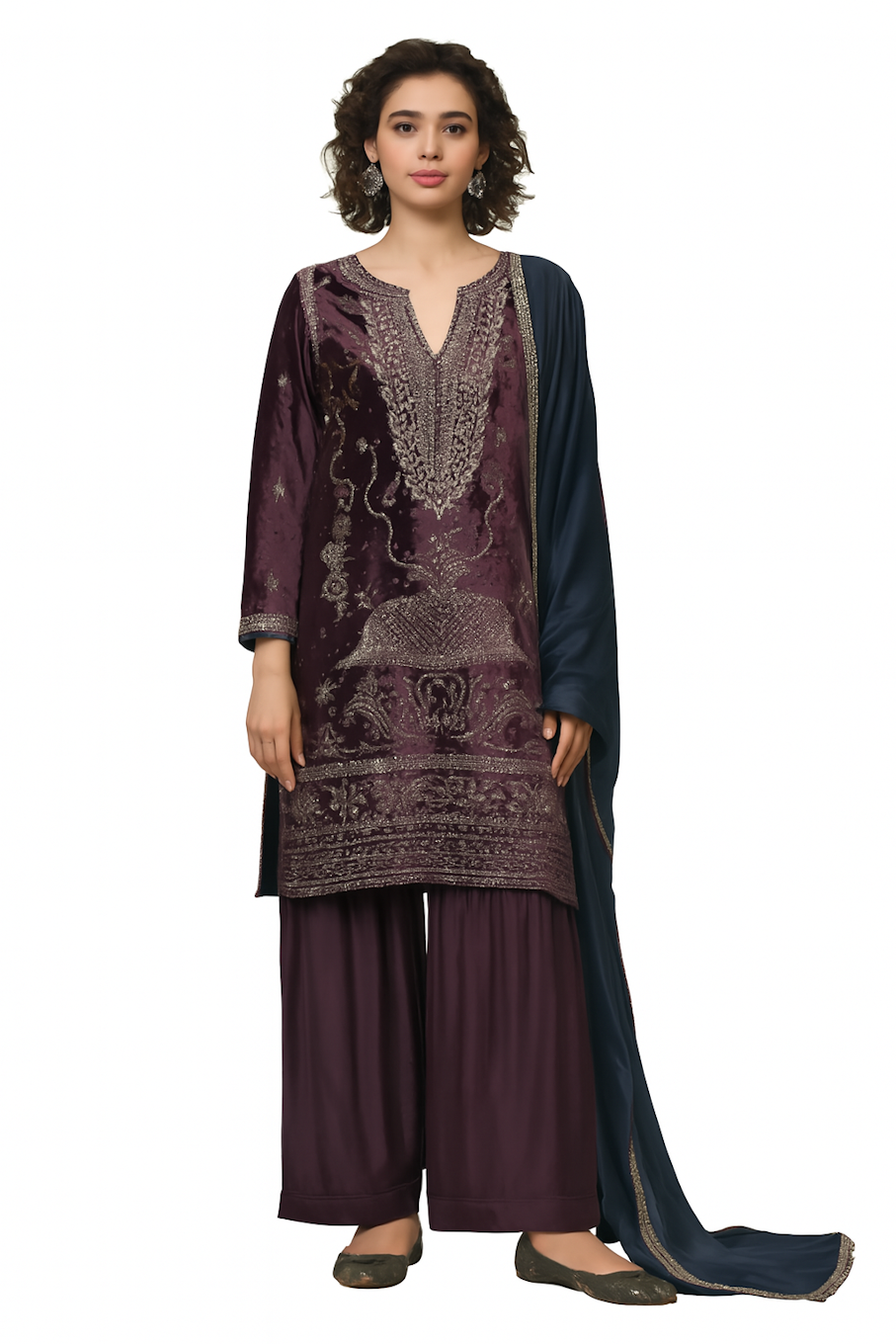 Women Designer Embroidery Kurta Set-Wine (Size-XXS) | D154
