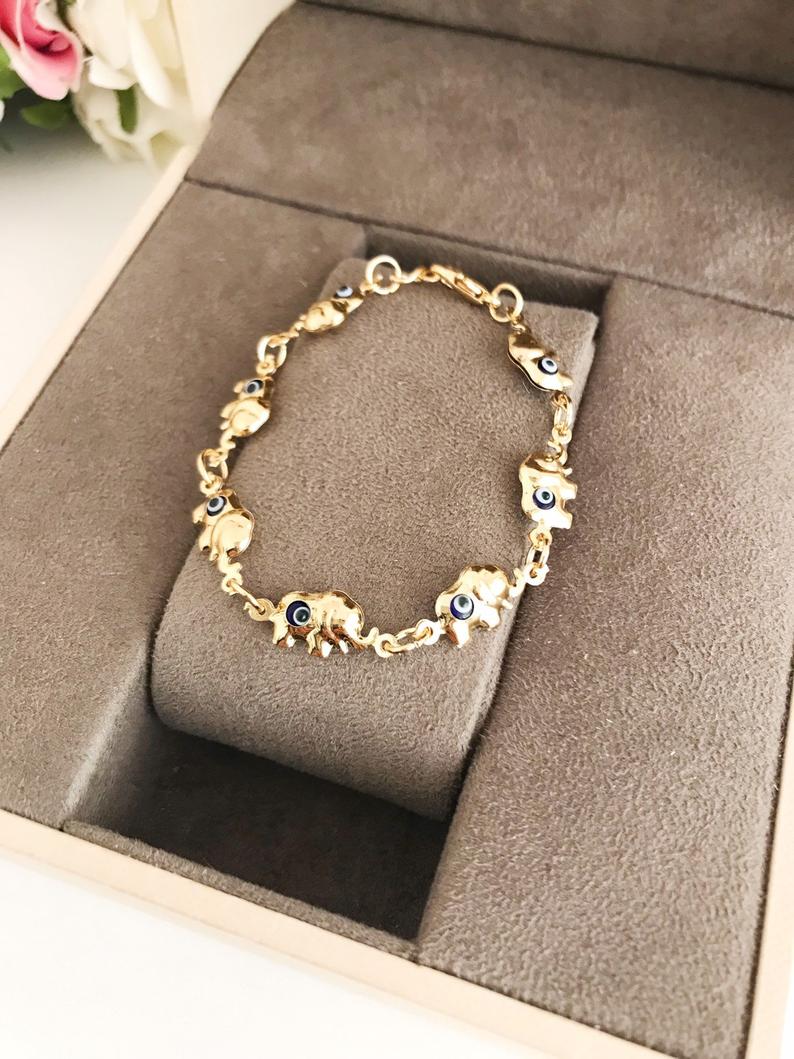 Elephant Evil Eye Bracelet, Gold Silver Chain Bracelet, Lucky Charm