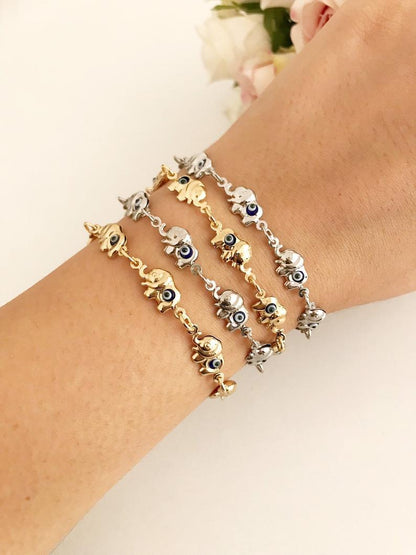 Elephant Evil Eye Bracelet, Gold Silver Chain Bracelet, Lucky Charm