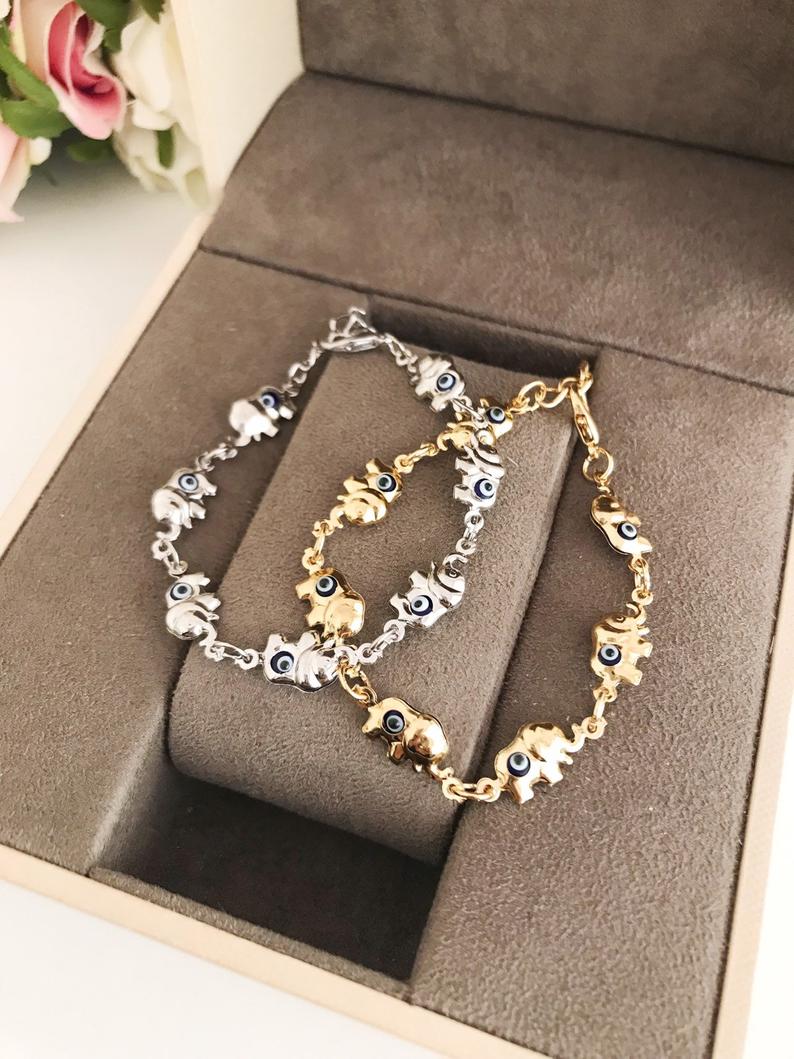 Elephant Evil Eye Bracelet, Gold Silver Chain Bracelet, Lucky Charm