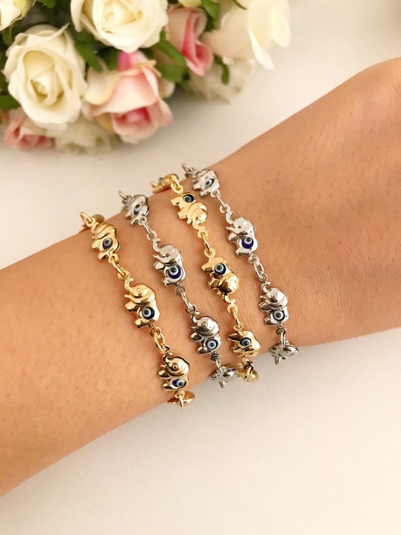 Elephant Evil Eye Bracelet, Gold Silver Chain Bracelet, Lucky Charm