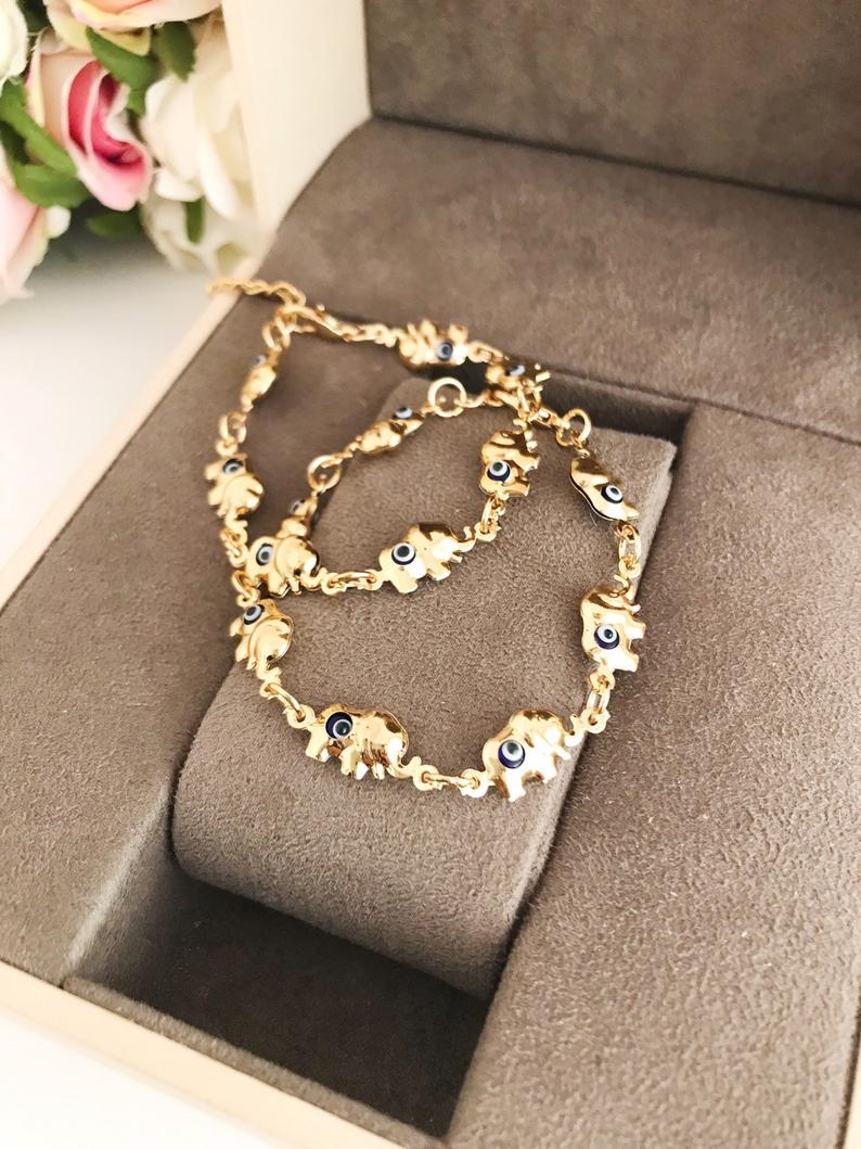 Elephant Evil Eye Bracelet, Gold Silver Chain Bracelet, Lucky Charm