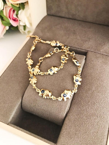 Elephant Evil Eye Bracelet, Gold Silver Chain Bracelet, Lucky Charm