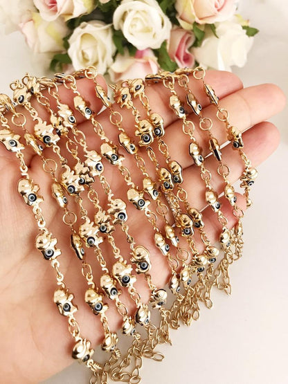 Elephant Evil Eye Bracelet, Gold Silver Chain Bracelet, Lucky Charm