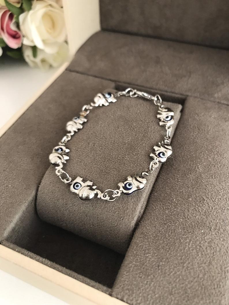 Elephant Evil Eye Bracelet, Gold Silver Chain Bracelet, Lucky Charm